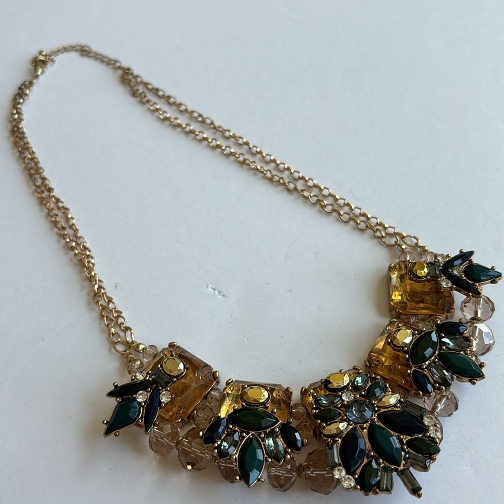 Vintage statement necklace with large rhinestones of amber and blue colo…